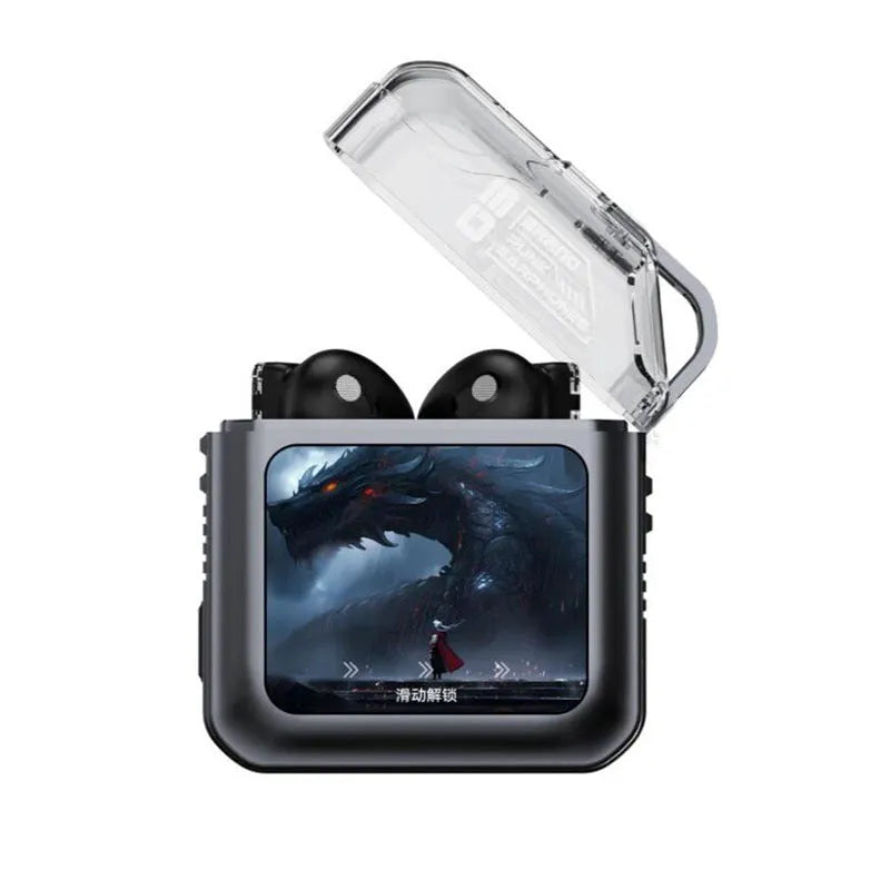 White and grey in-ear wireless Bluetooth headset with active noise cancellation and a colour screen.