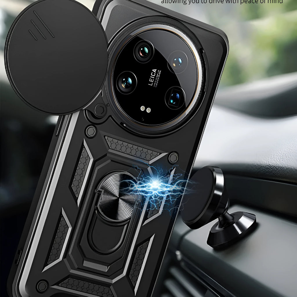 Sliding window phone case for Xiaomi 14Ultra in black with bracket and camera cutout