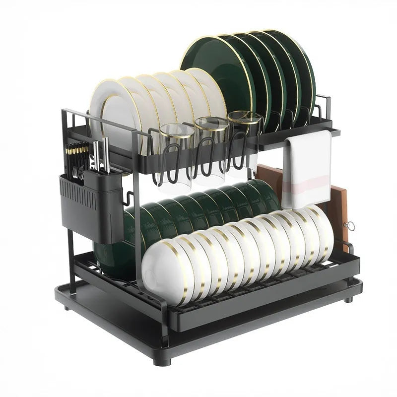 White double-layer kitchen storage rack with removable draining feature on a countertop.