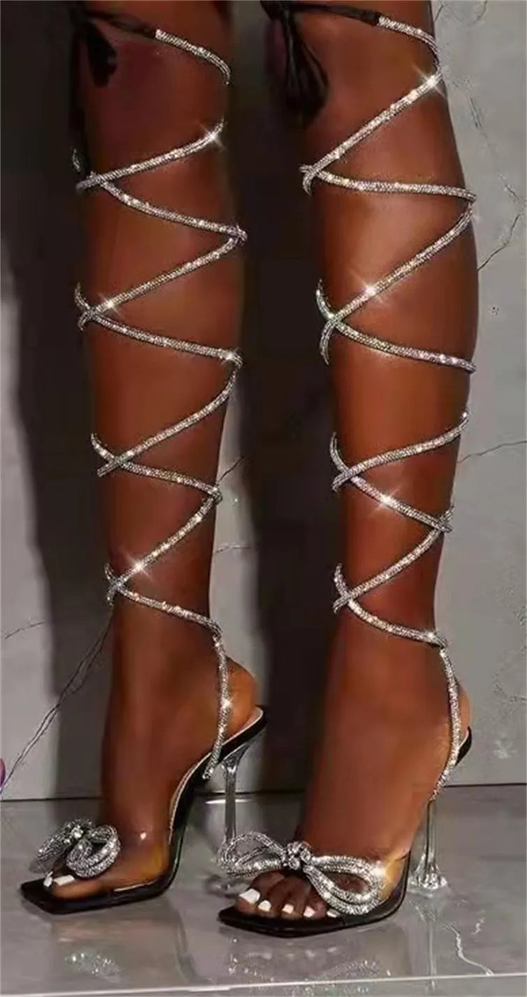 Plus size women's black strappy sandals with Roman rhinestone details and square toe design
