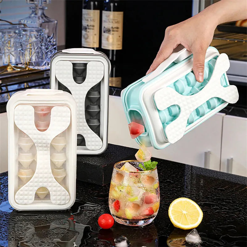 Light grey 2-in-1 silicone ice ball mould and water bottle with lid, showing portable design.