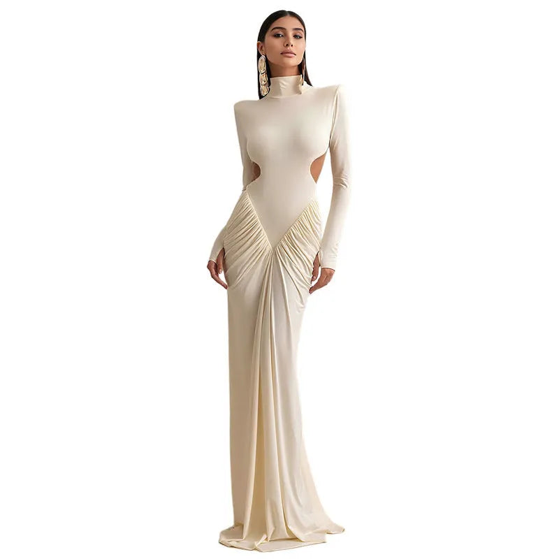 Women's backless high collar long sleeve slim fit pleated dress in solid colours