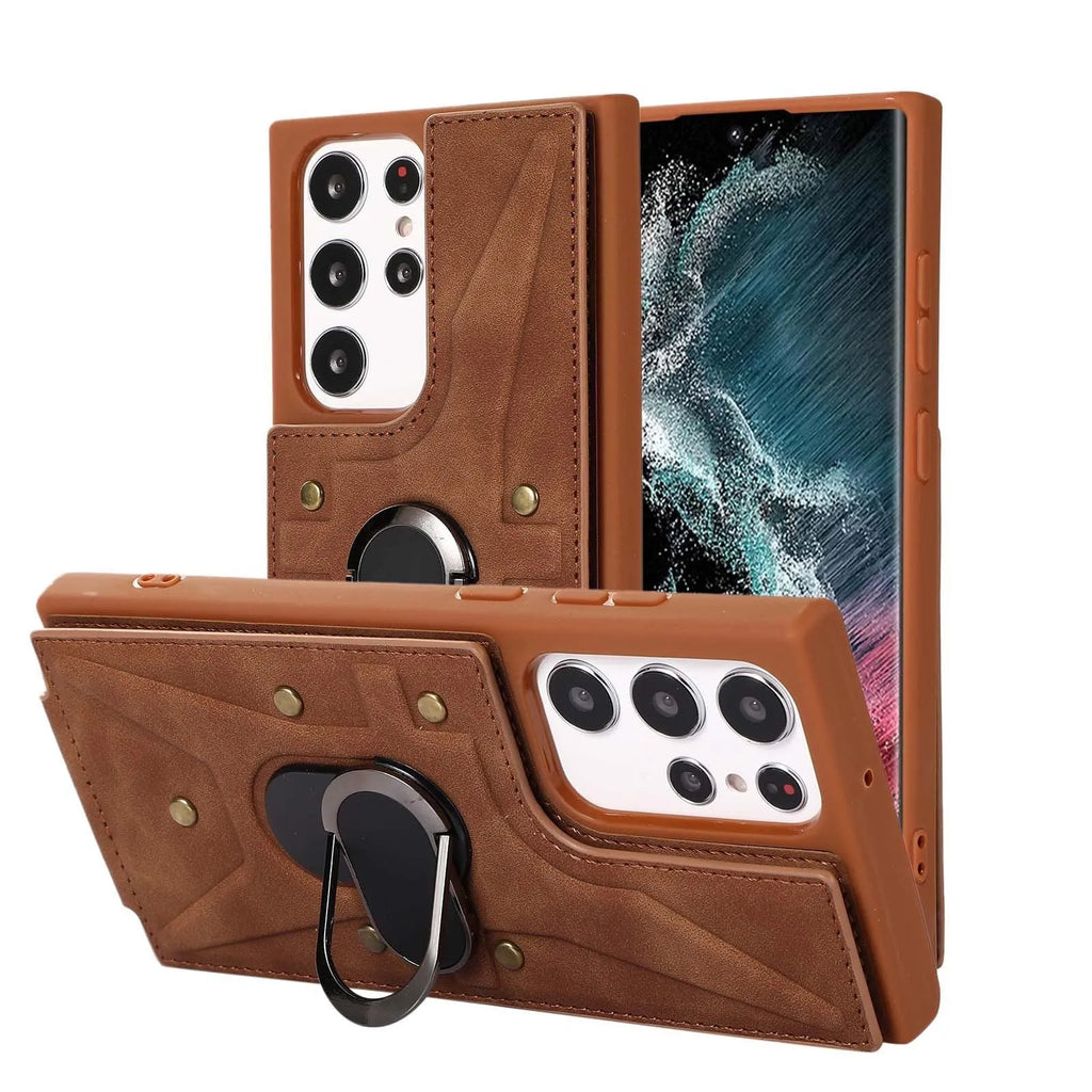 Samsung leather-style phone case with finger ring buckle, card slot and stand bracket in black