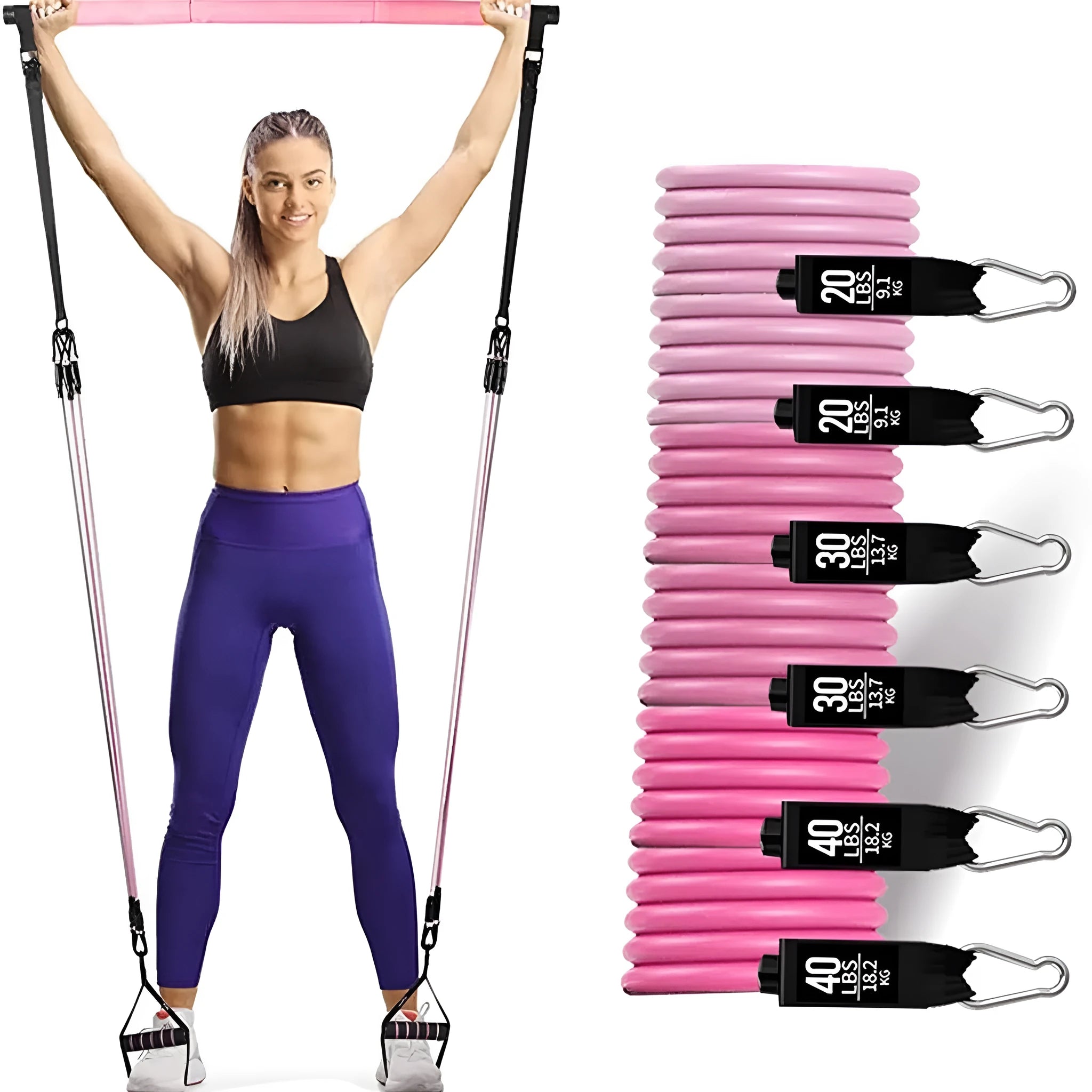 180-pound pink and black TPE resistance band set with a silver gymnastic bar pull rope.