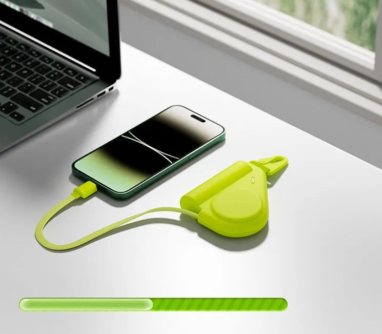 Green power bank with flexible wire and Type-C interface showing 5000 MA capacity