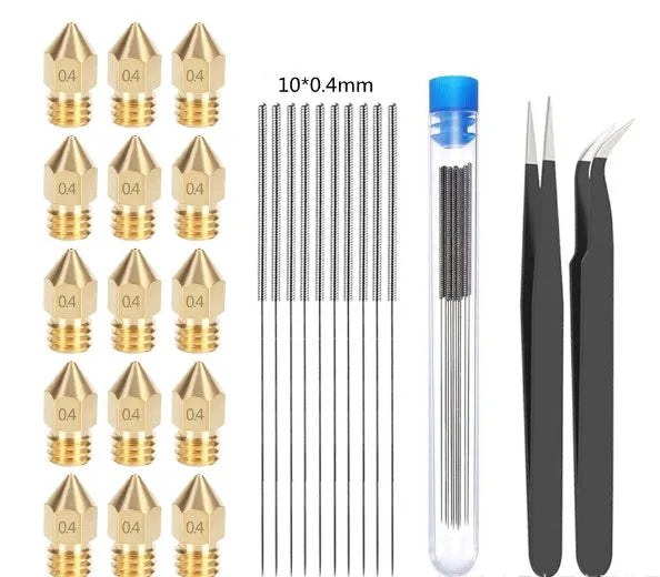 MK8 brass nozzle and stainless steel cleaning pin set for Creality Ender 3 3D printers.