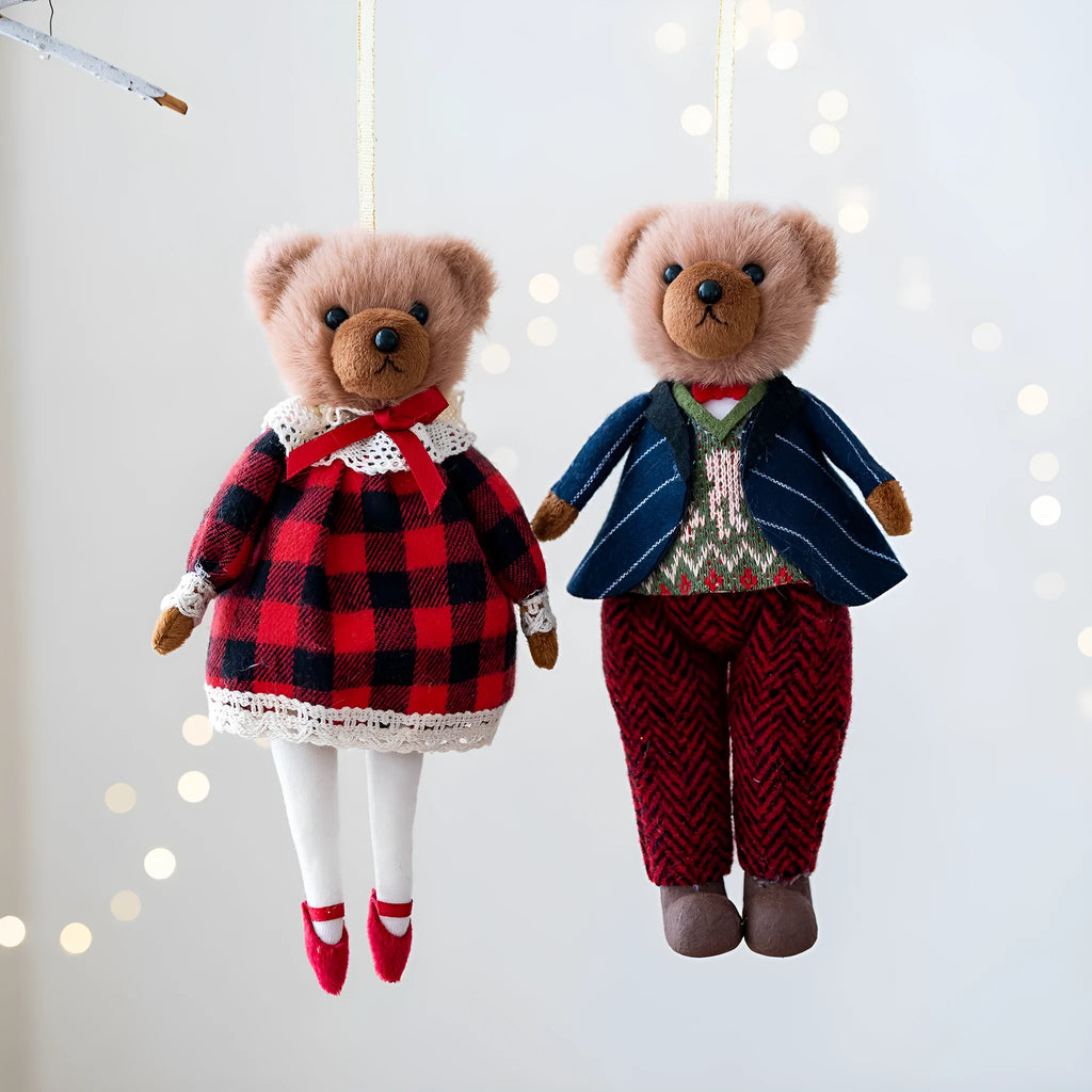 Soft cloth plush bear doll wearing a suit with plaid design, available in princess bear and gentleman bear colours.