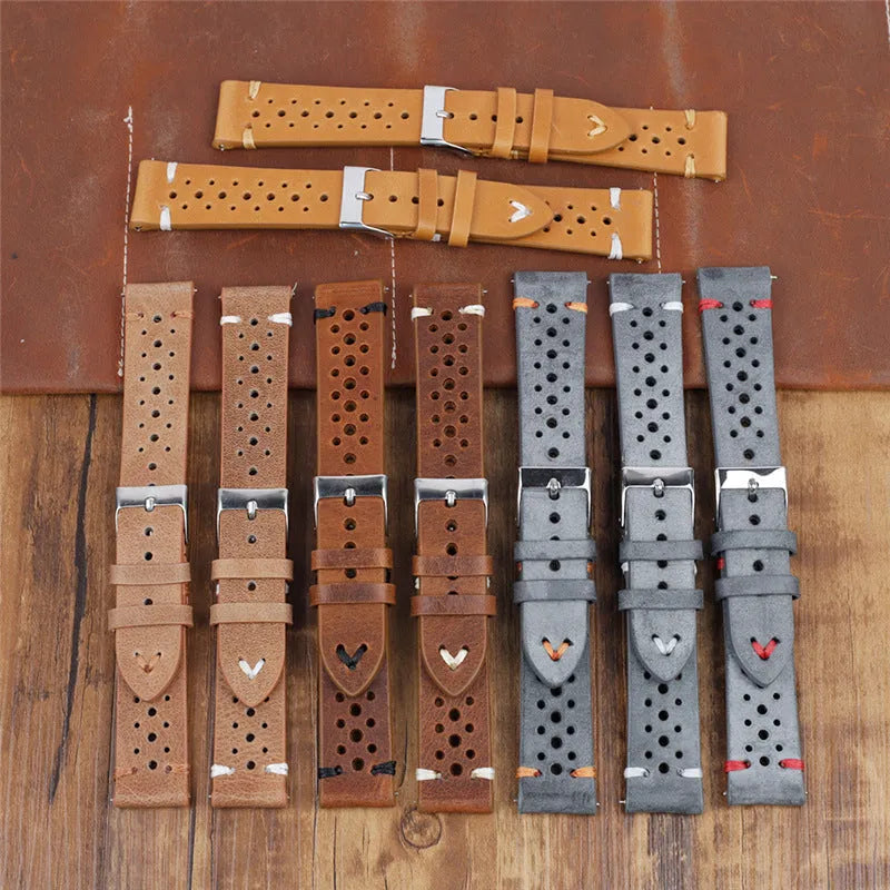 Handmade retro genuine leather watch band with white stitching on brown leather, 20mm width