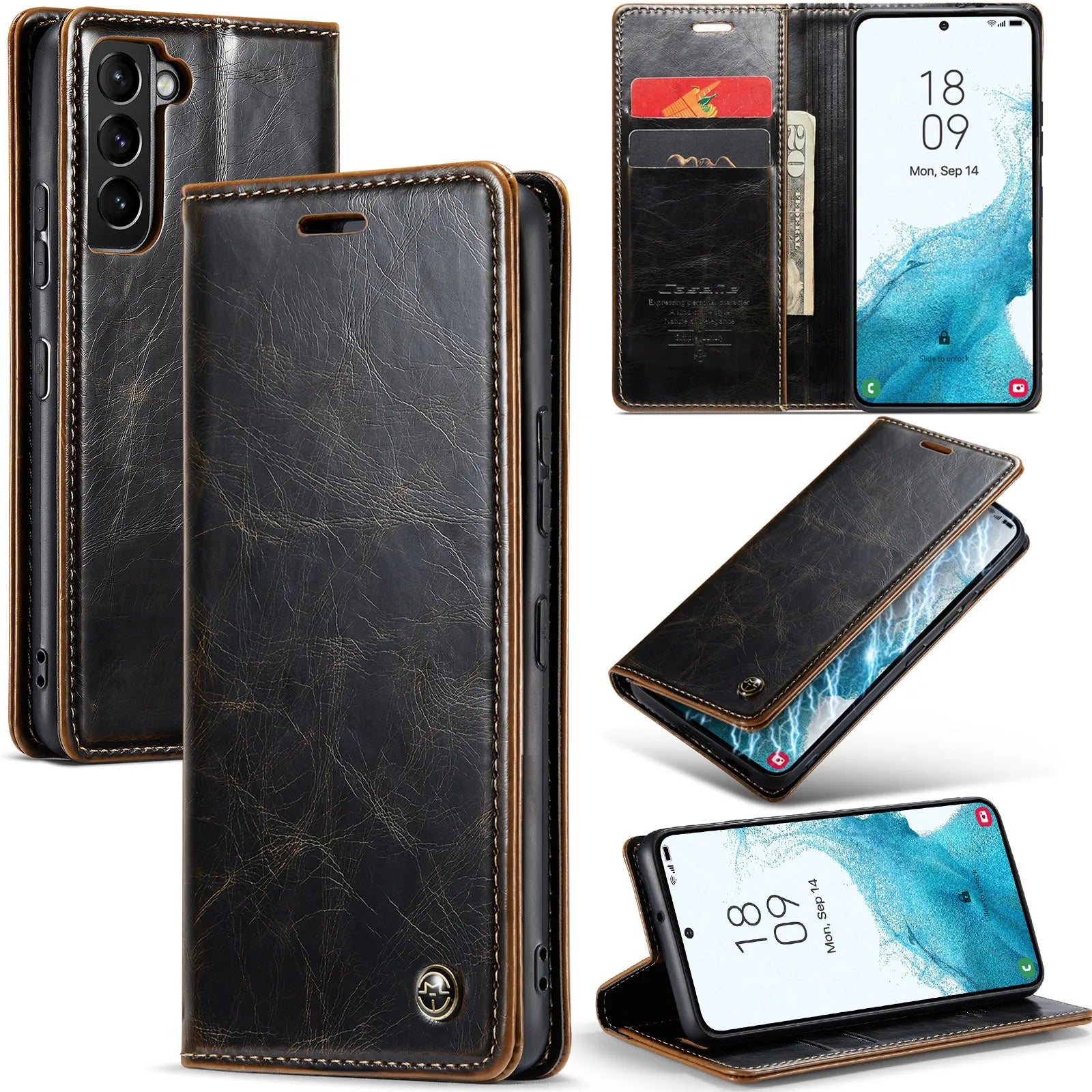 Crazy Horse pattern card flip phone case for Samsung A55 in black leather with closure