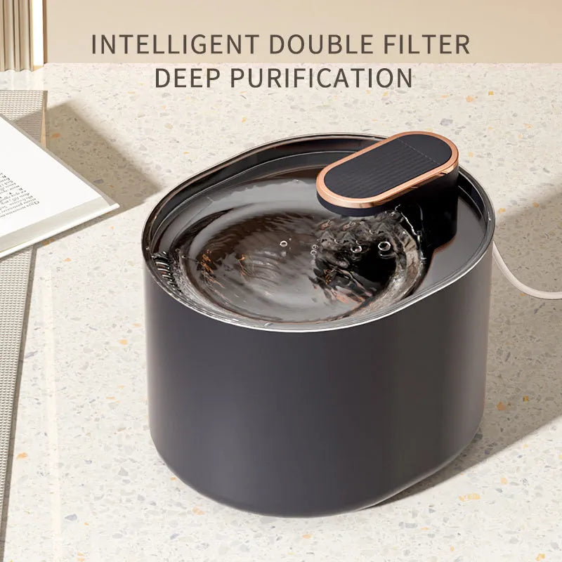 Automatic USB pet water fountain for cats and dogs in blue or white.