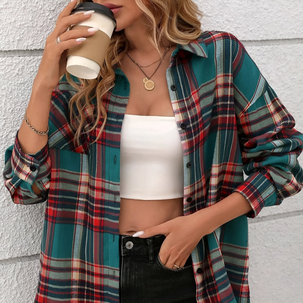 Women's loose fit cotton plaid shirt in black, green, or purple, long sleeve casual top