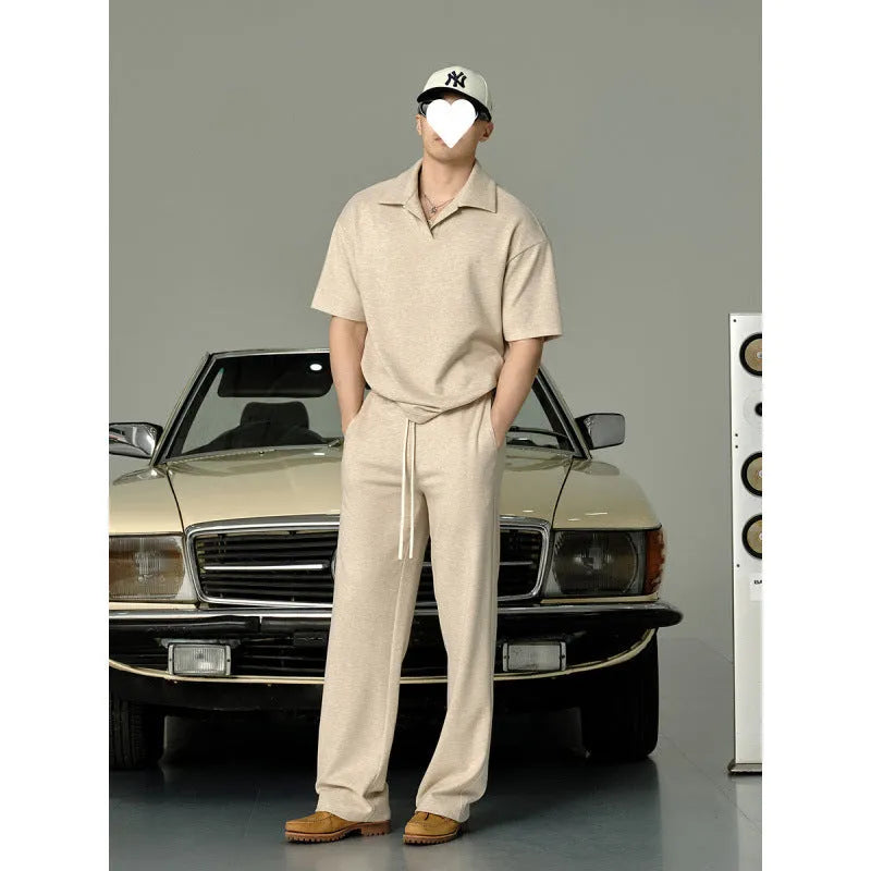Beige cotton lapel short-sleeved T-shirt and trousers suit for men, casual summer wear