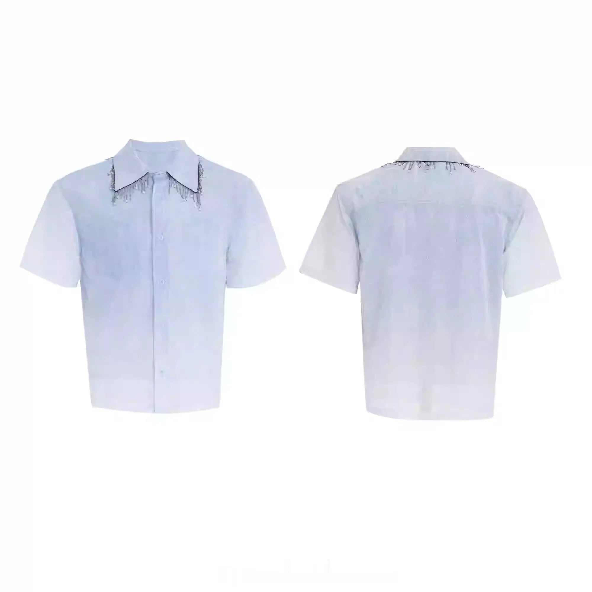 Blue and white gradient short-sleeved loose-fit shirt on a hanger.