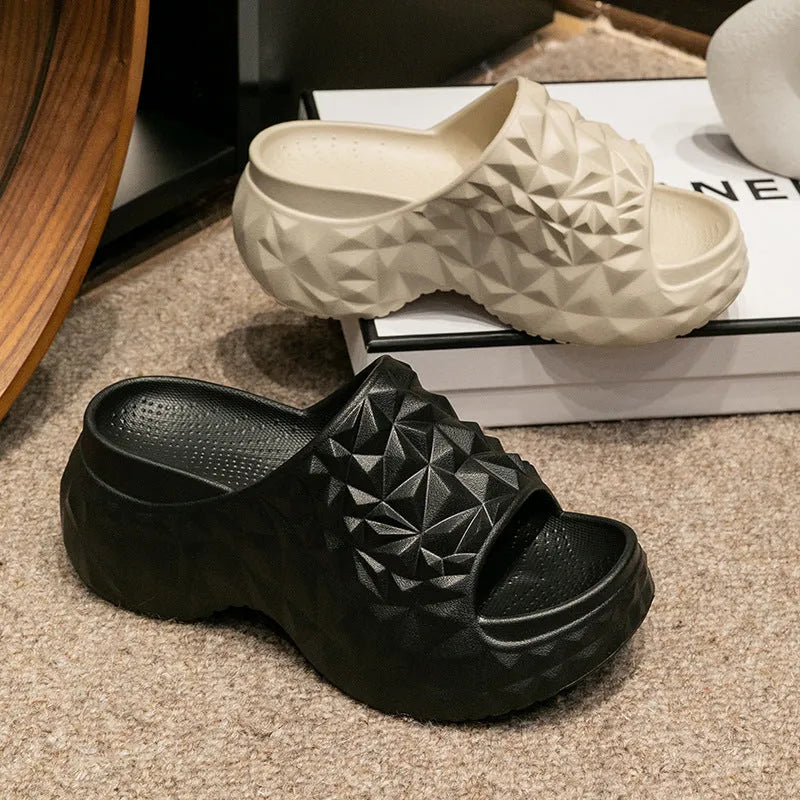 Women's khaki EVA high-heel wedge flip-flop slippers with a thick sole, shown from the side.