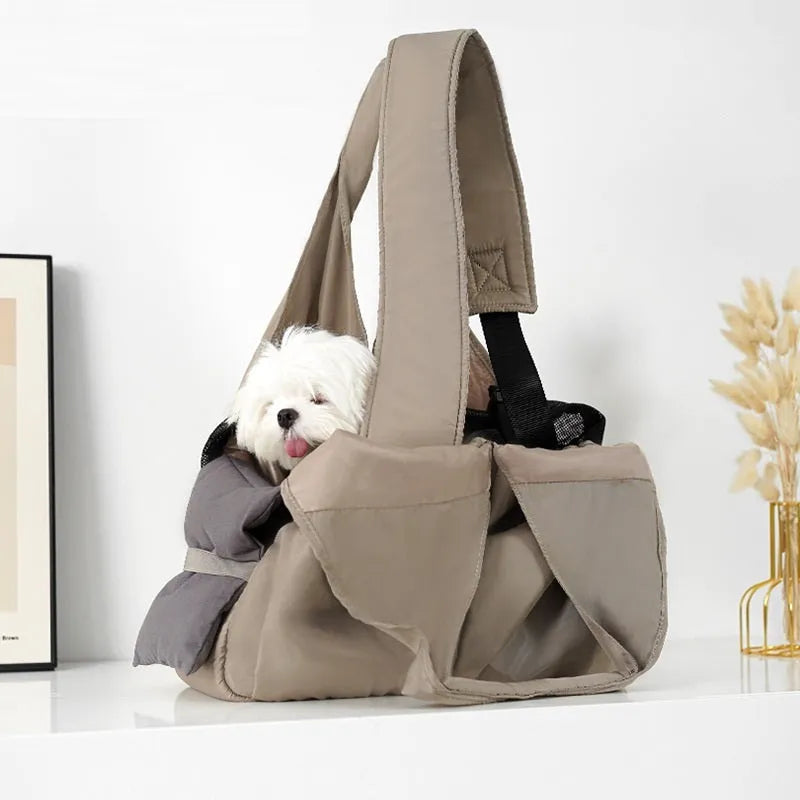 Apricot-coloured cloth pet carrier handbag for small dogs and cats showing medium size
