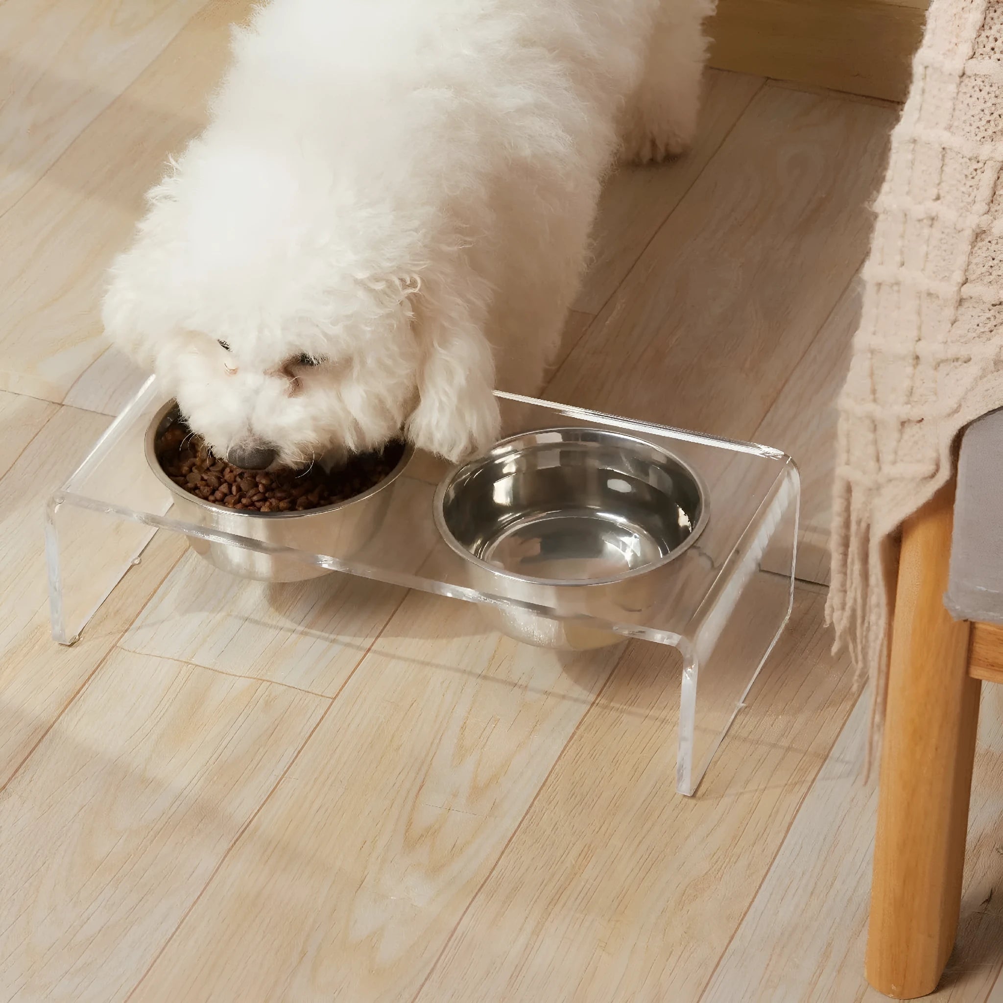 Transparent acrylic pet feeding rack for small cats and dogs with raised bowl platform, 39.5x18x10cm size