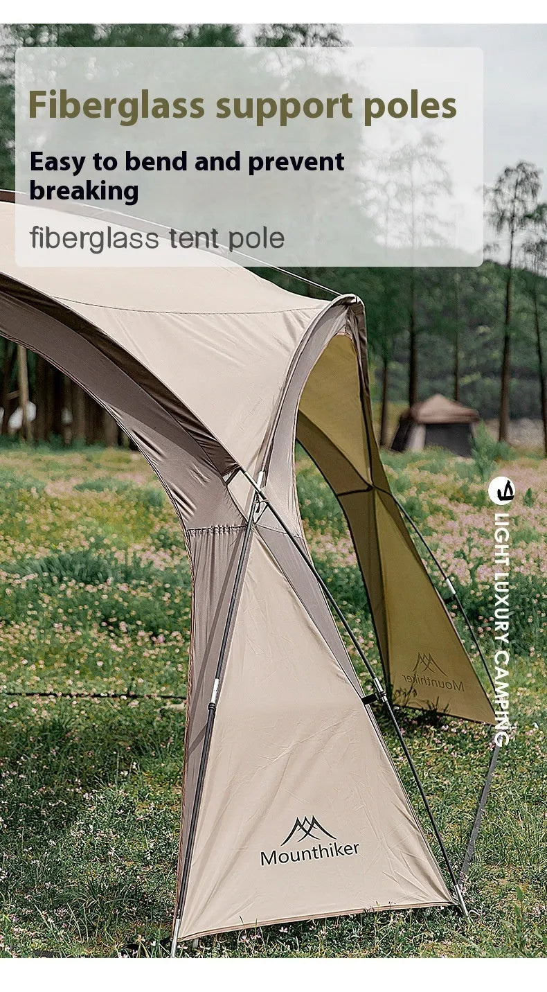 Outdoor dome canopy sunshade with ventilation, dimensions 410 cm by 230 cm, suitable for campsite use.