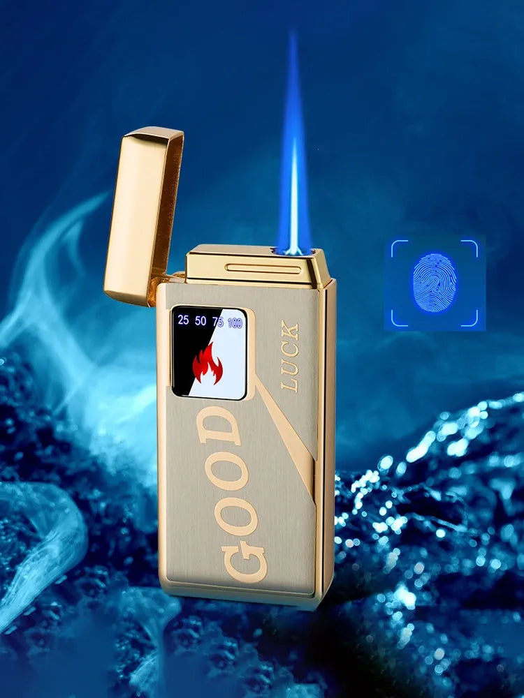 Touch-screen charging electronic lighter in alloy with adjustable flame control.