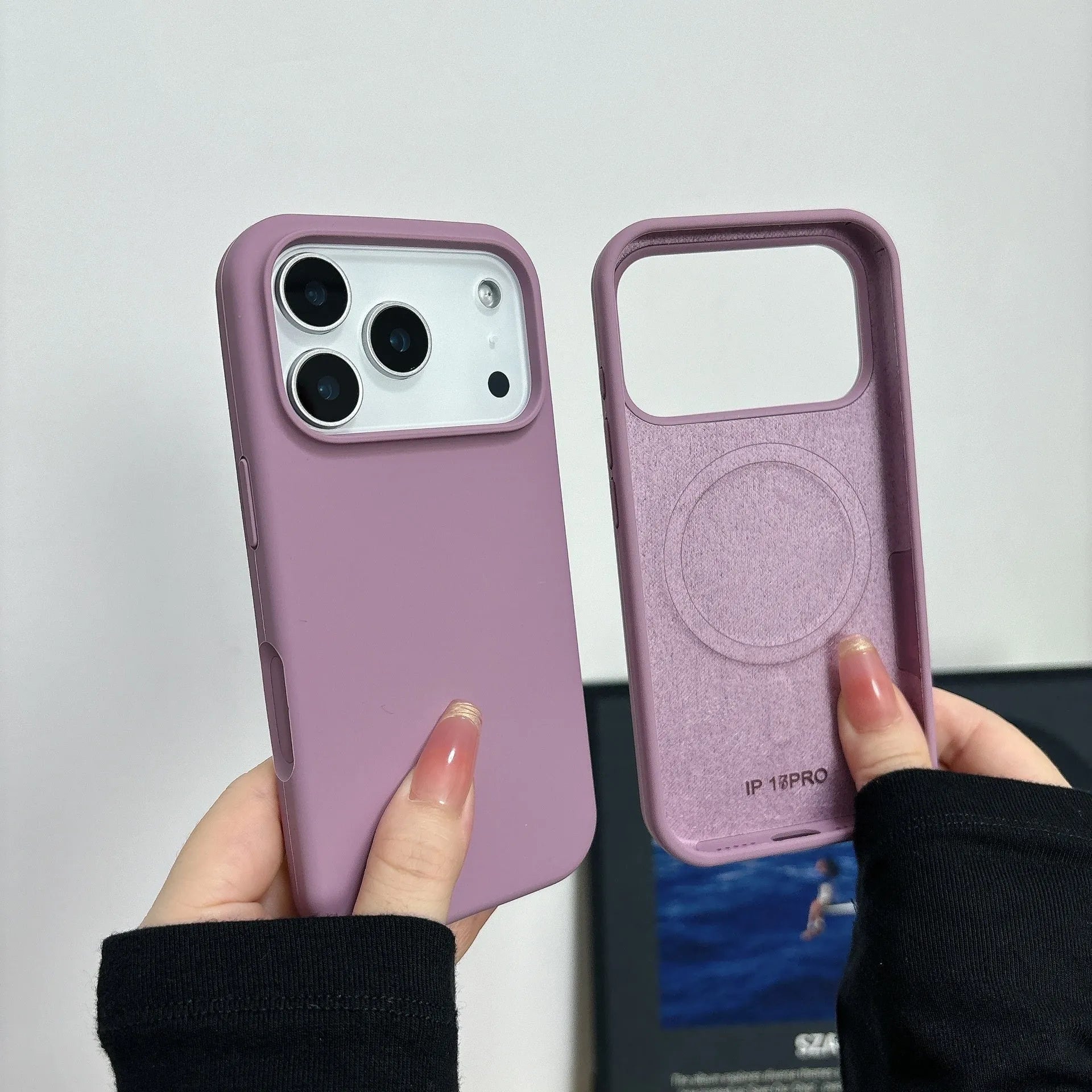 Liquid silicone magnetic iPhone case in antique white colour showing magnetic charging compatibility