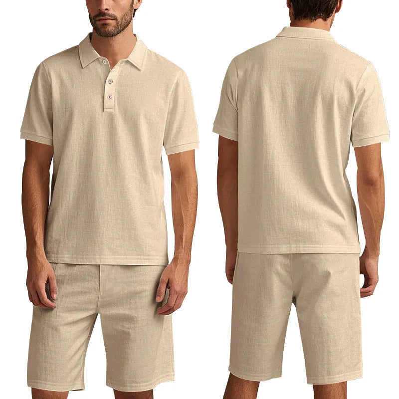 Men's light grey linen-blend short sleeve shirt and matching shorts for summer casual wear.