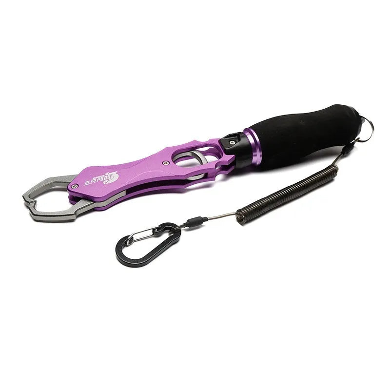 Gray aluminum alloy multifunctional fish tongs with weighing control scale and EVA handle, 288mm