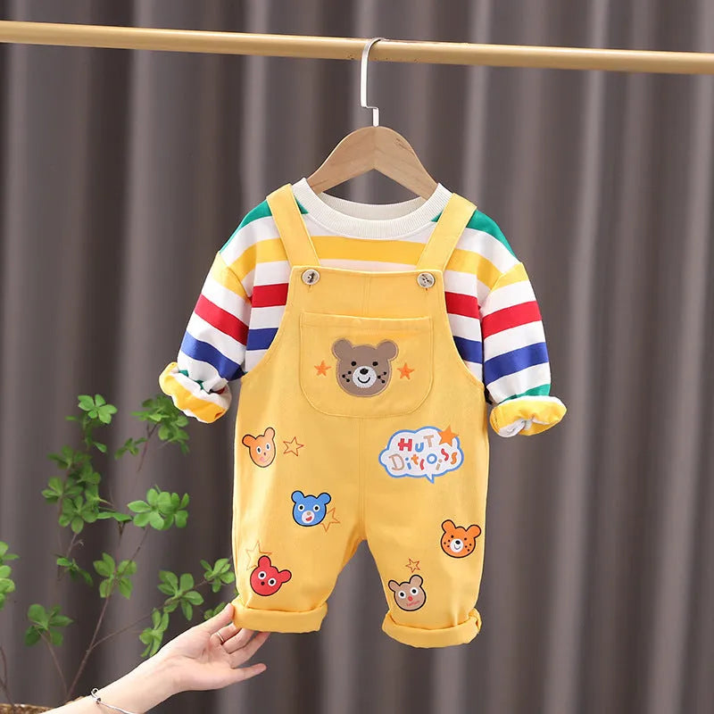 Boys' cotton plaid overalls suit with shirt and strap pants in beige or yellow colour