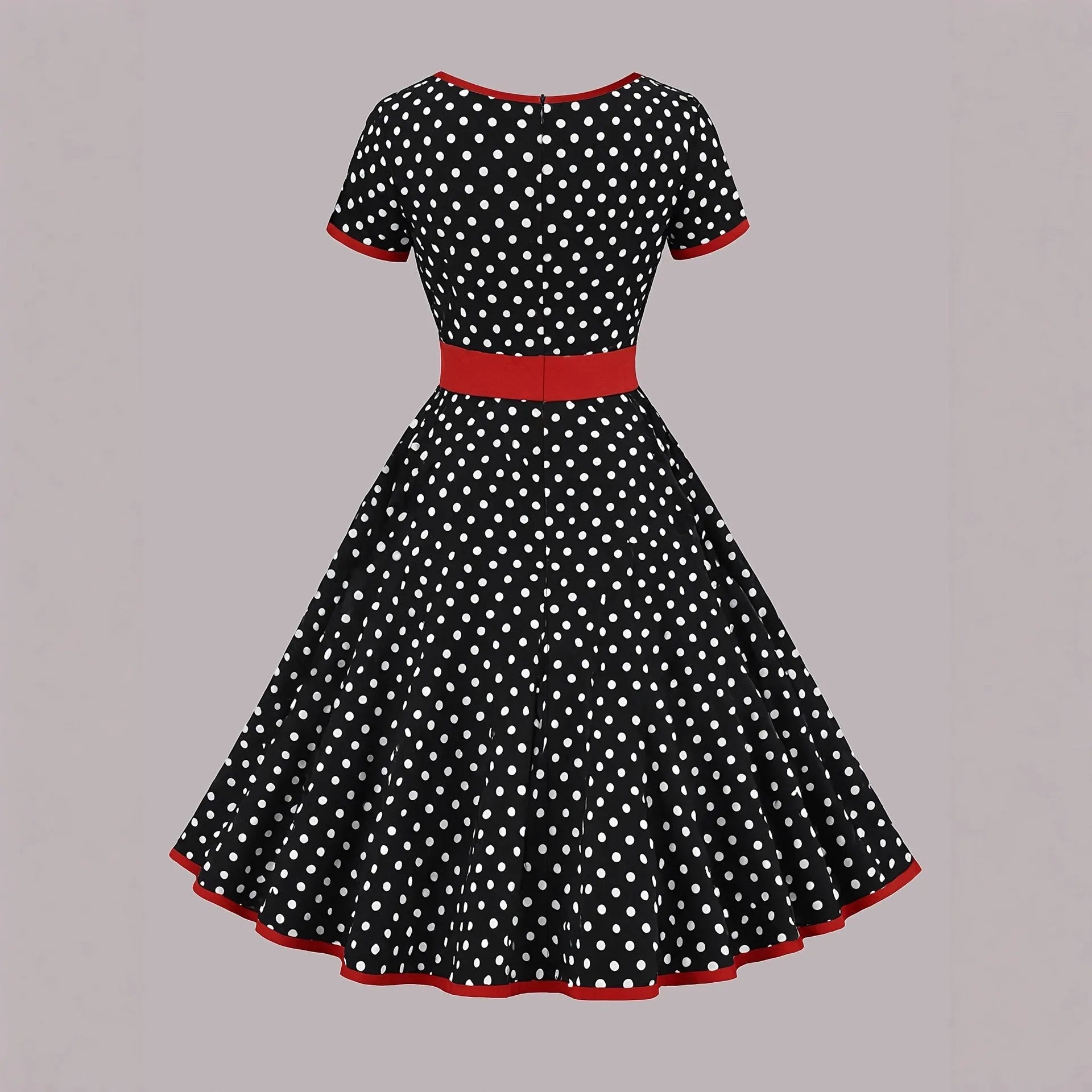 Women's multicolour polka dot dress with a square collar, short sleeves, and a pleated mid-length skirt.