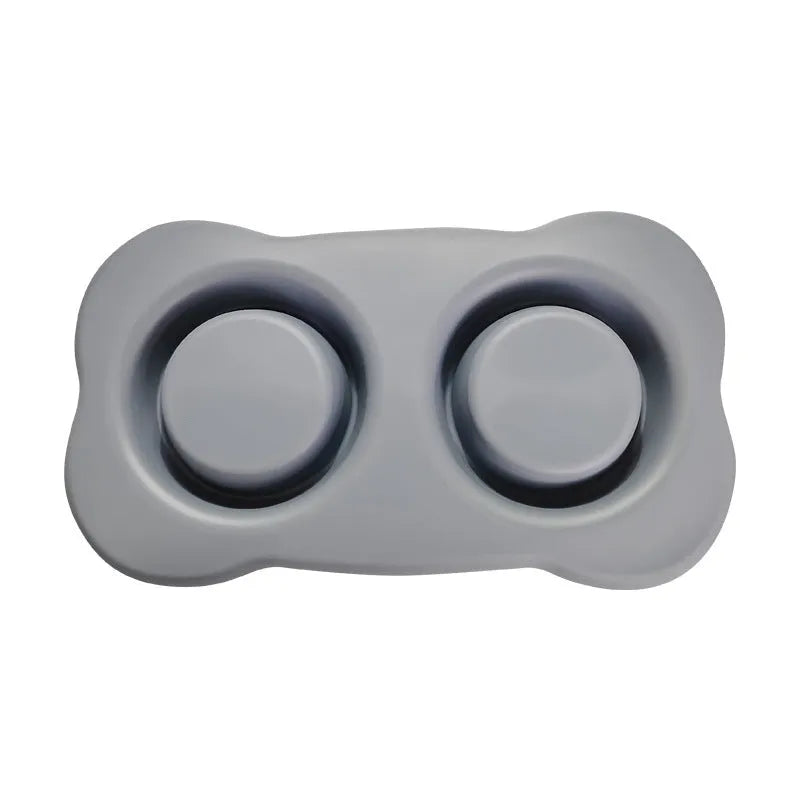 Silicone double compartment dog bowl with stainless steel inserts in blue colour
