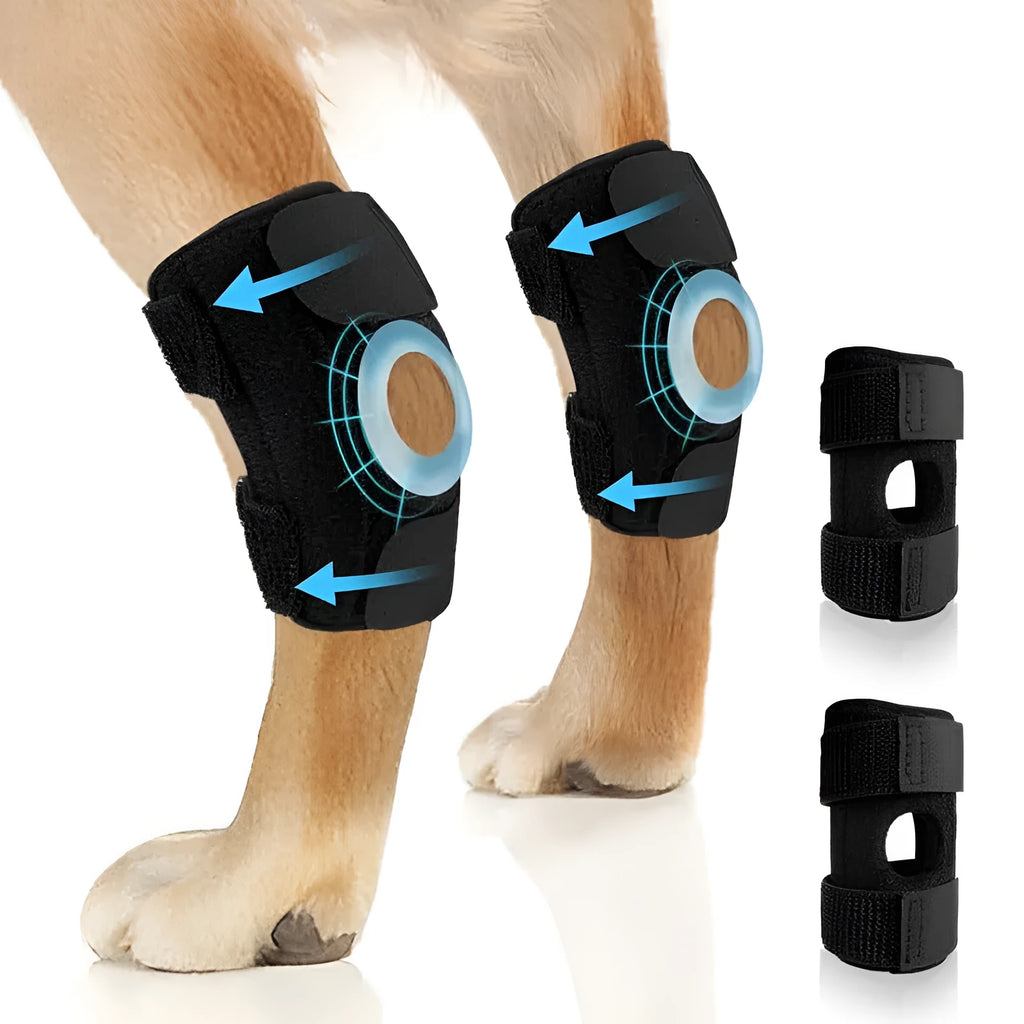 Black polyester pet leg guard for dog or cat joint injury support in sizes L, M, XL.