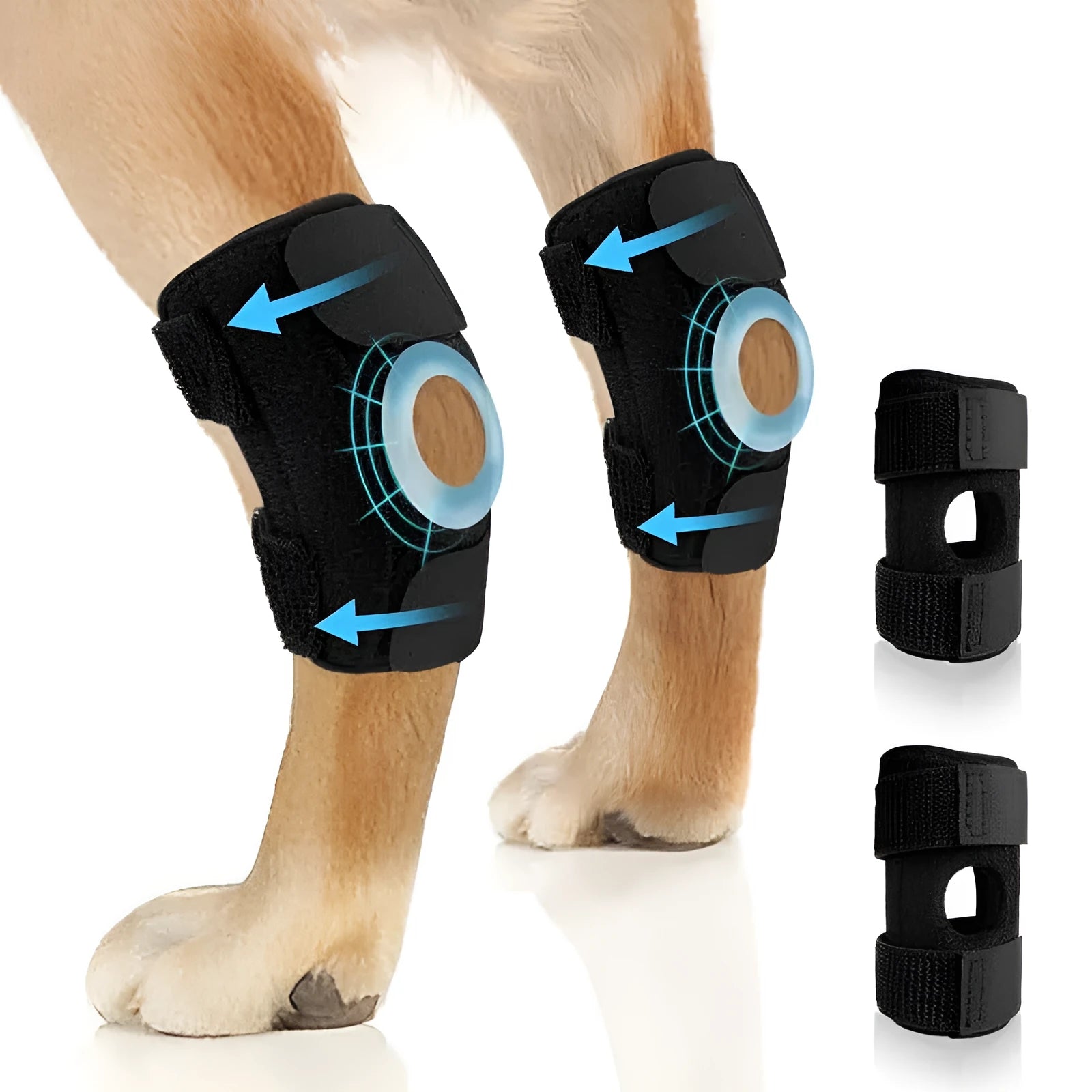 Black polyester pet leg guard for dog or cat joint injury support in sizes L, M, XL.