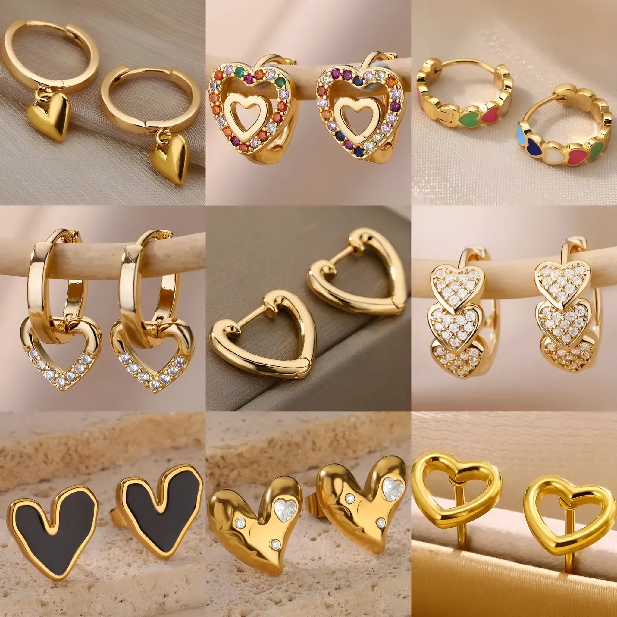 A pair of gold tone heart-shaped stud earrings for women with a simple zircon love design.