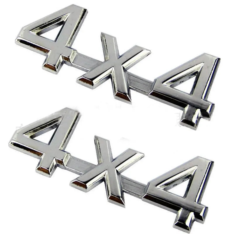 Metal 4x4 off-road rear car badge in electroplated silver finish measuring 9cm by 3.5cm