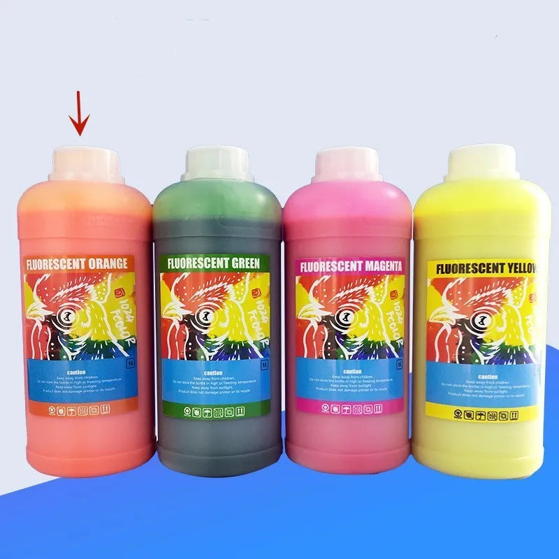 Fluorescent sublimation ink bottles in red, yellow, orange and green colours for heat transfer printing