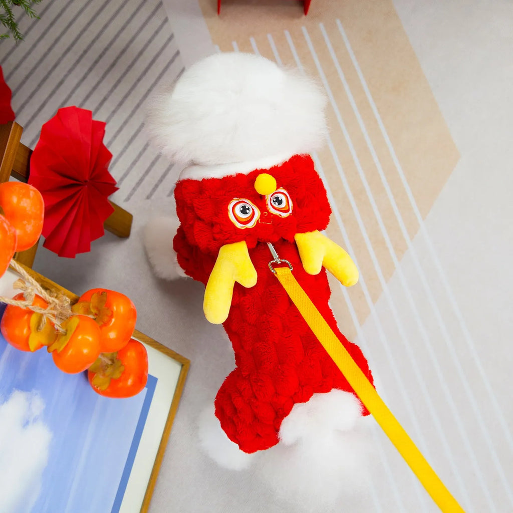 Red cartoon dragon fluffy jacket for small pets with double-sided velvet polyester construction