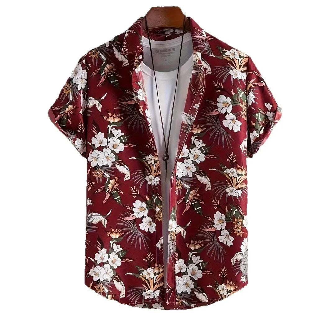 Man wearing a loose-fitting short sleeve shirt with a bold 3D floral print pattern.