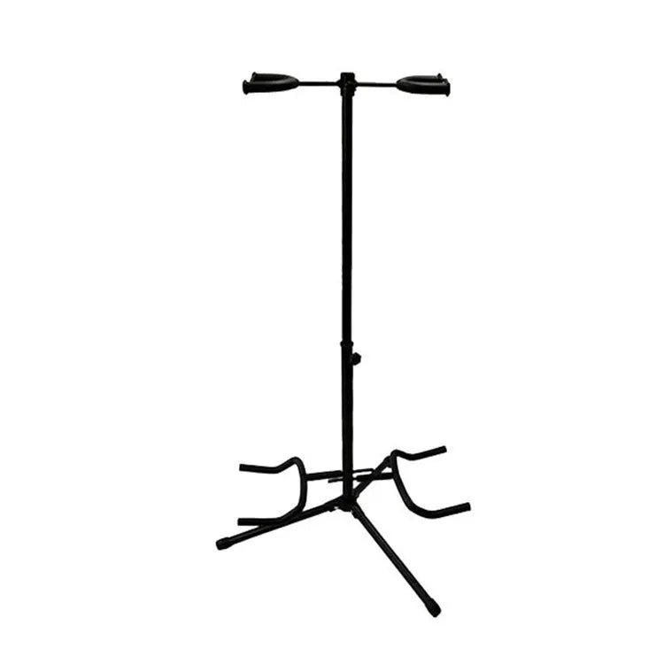Black vertical double-headed adjustable guitar stand holding two guitars.
