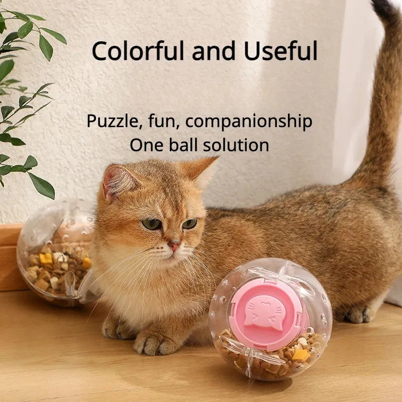 Blue slow feeding ball for cats with leak holes for gradual food dispensing