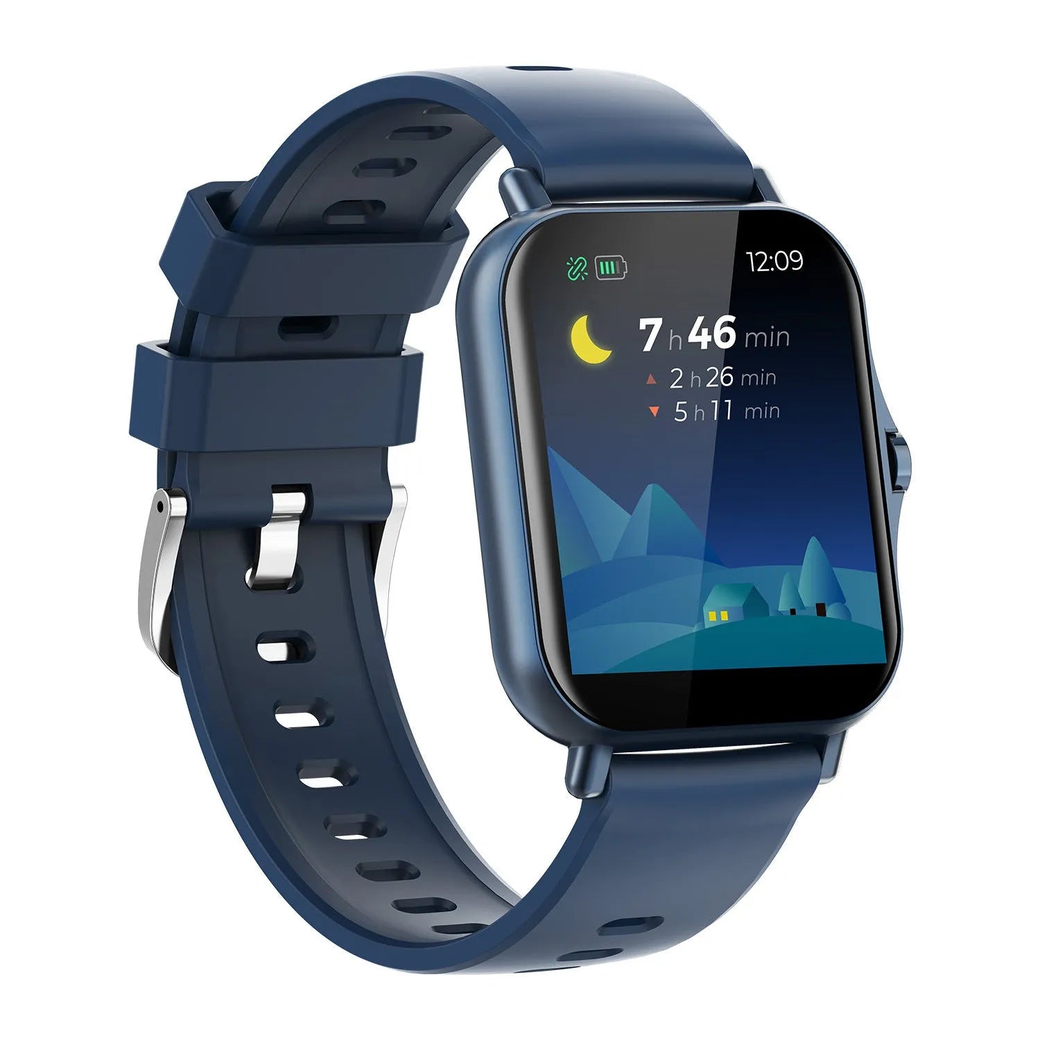 A black Bluetooth smart watch with a curved touch screen displaying a heart rate reading on the wrist.