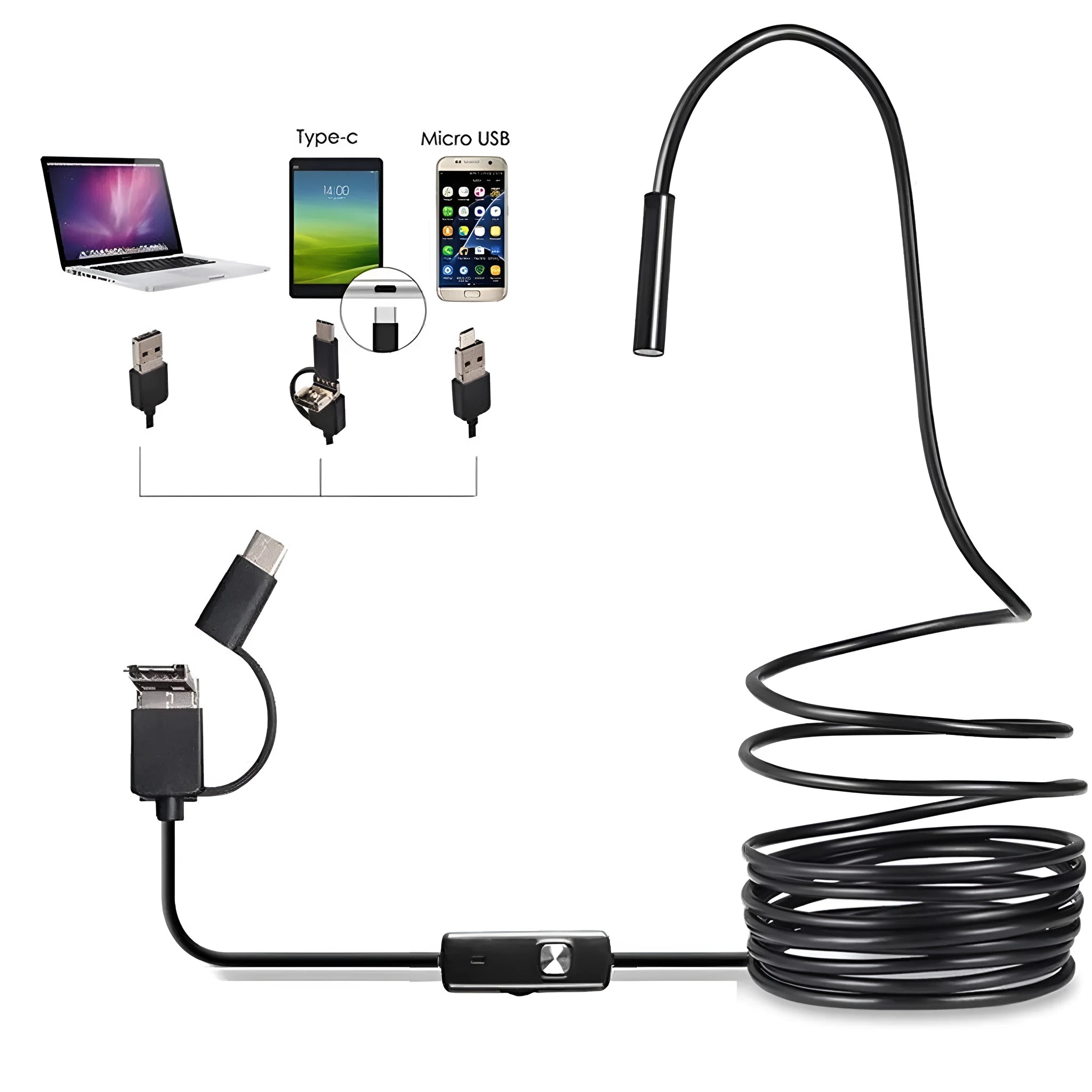 USB-C endoscope with waterproof camera, flexible black cable, and separate hook, magnet, and side mirror attachments on a table.