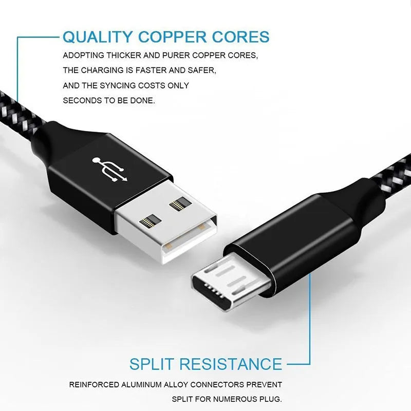 Braided fast charging Micro USB cable in black and white colour, shown at 1 metre length.