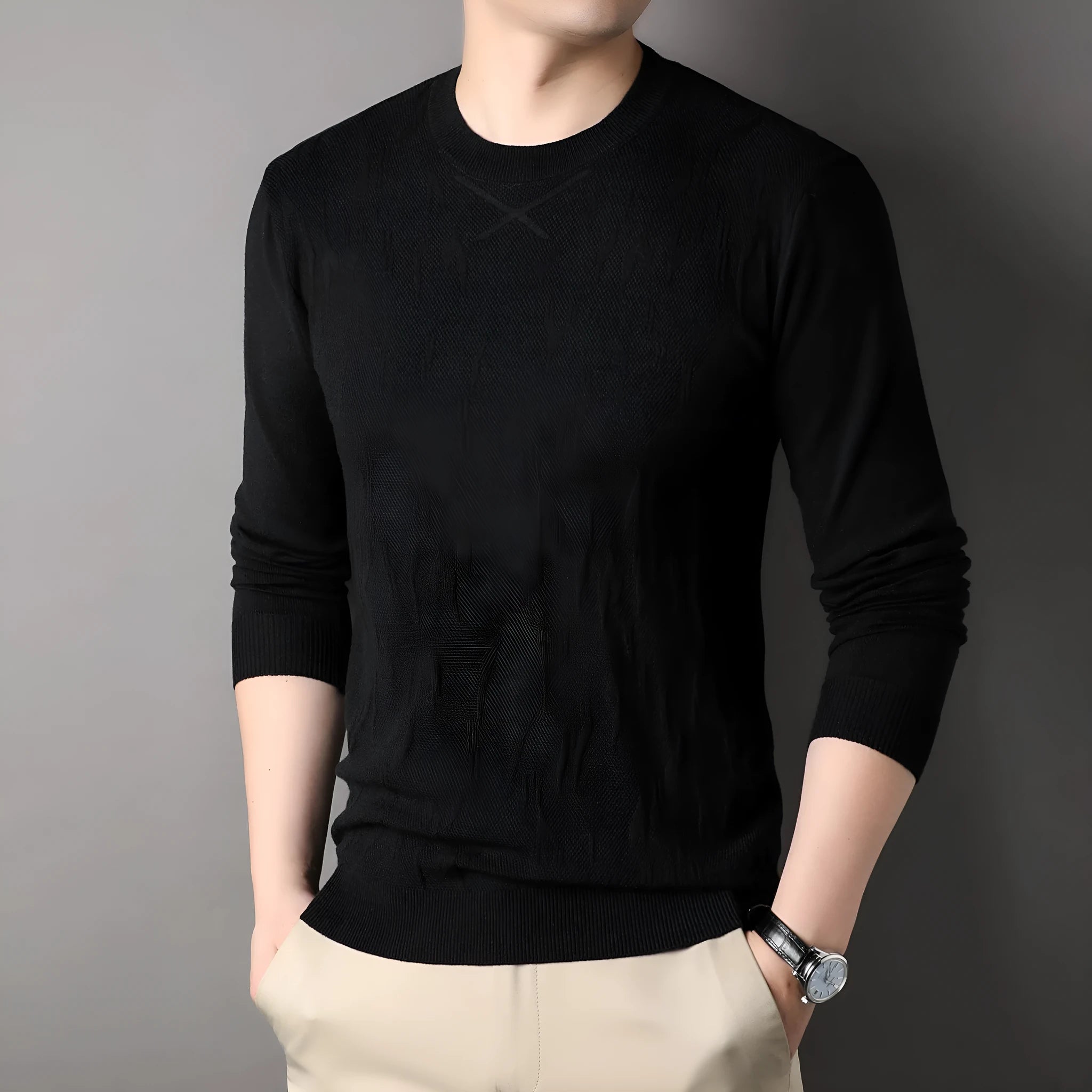 Men's solid colour polyester fibre loose fit long sleeve sweater in khaki, available in sizes M to 4XL
