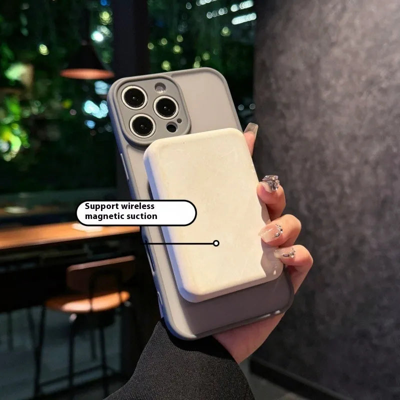 Transparent frosted magnetic phone case with a built-in folding stand for iPhone.