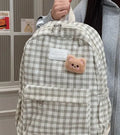 Japanese Ins retro checked corduroy backpack in khaki, 42x30x15cm, with main compartment and computer pocket