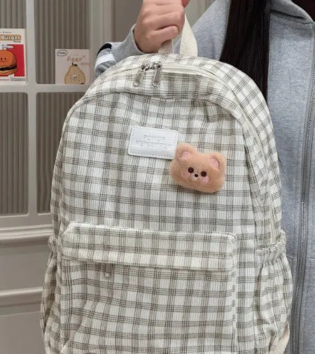 Japanese Ins retro checked corduroy backpack in khaki, 42x30x15cm, with main compartment and computer pocket