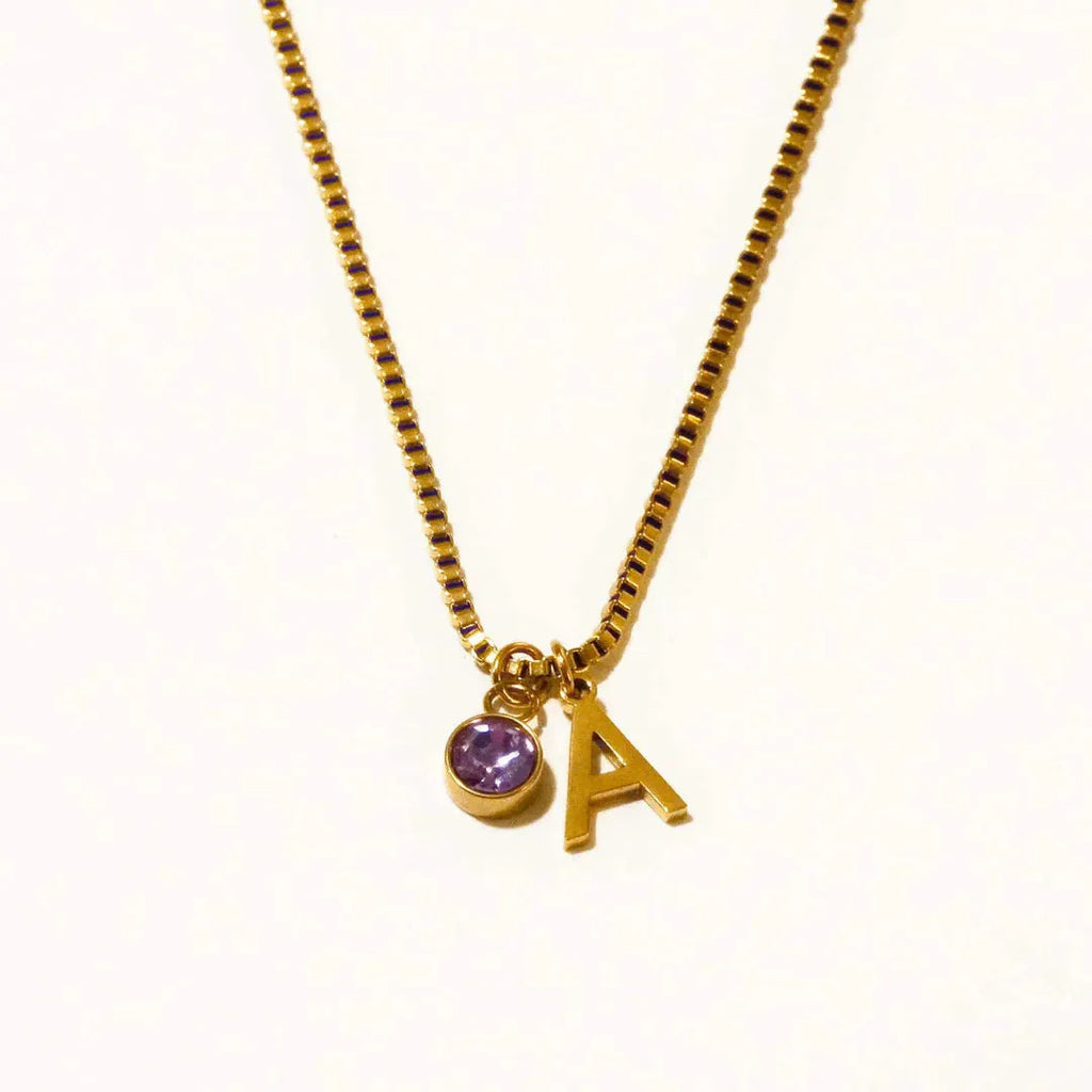 Gold and silver stainless steel birthstone first letter necklace with O-ring chain and personalised pendant