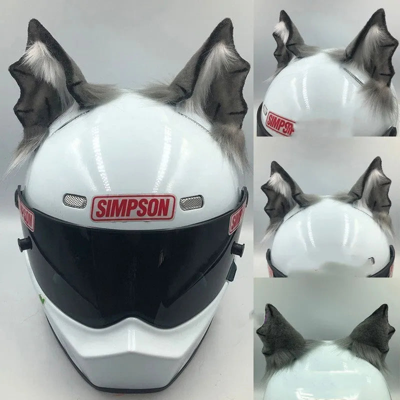 Set of black and white stereoscopic wolf ears and matching tail for motorcycle helmet customisation