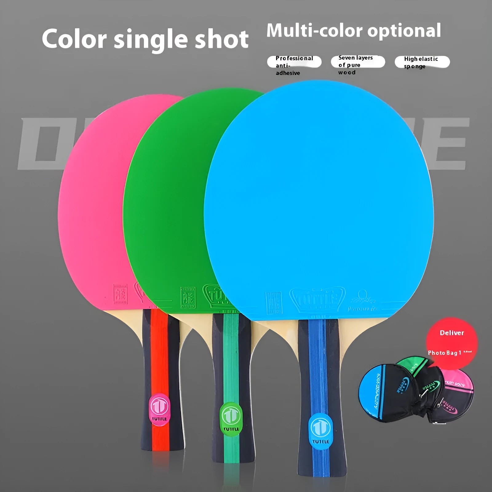 Colourful wood table tennis racket with shakehand grip and matching protective racket bag.
