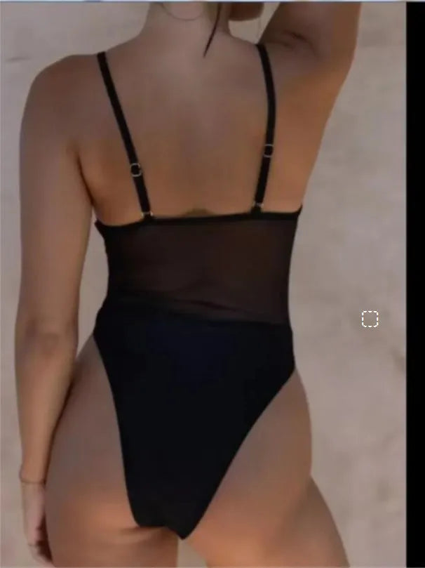 Black banded bikini style one-piece swimsuit with sleeveless design and solid colour finish