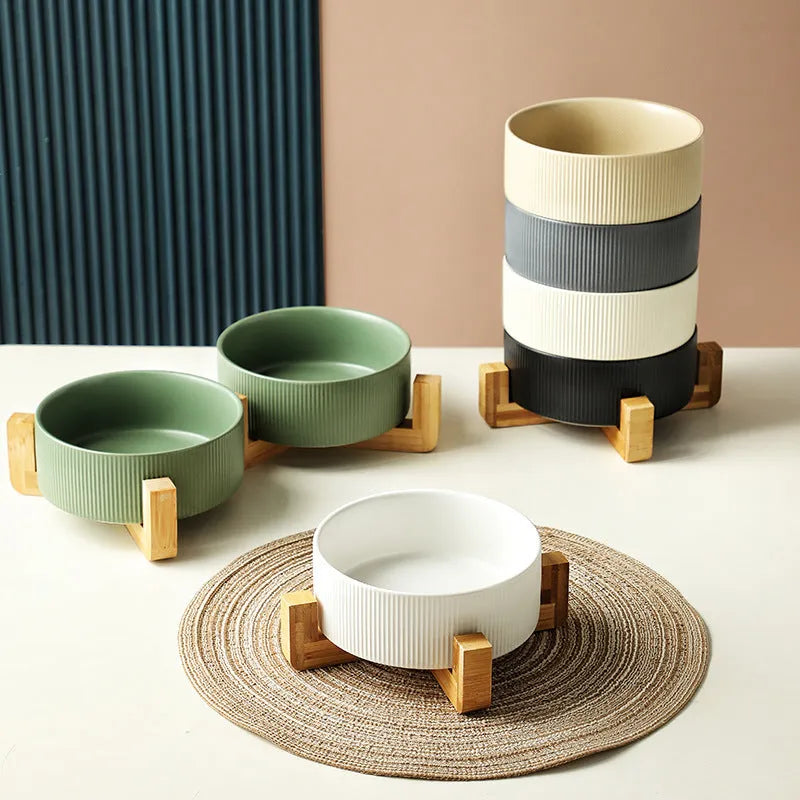 Cat ceramic bowl with wooden frame in straight matte finish, anti-tumble design