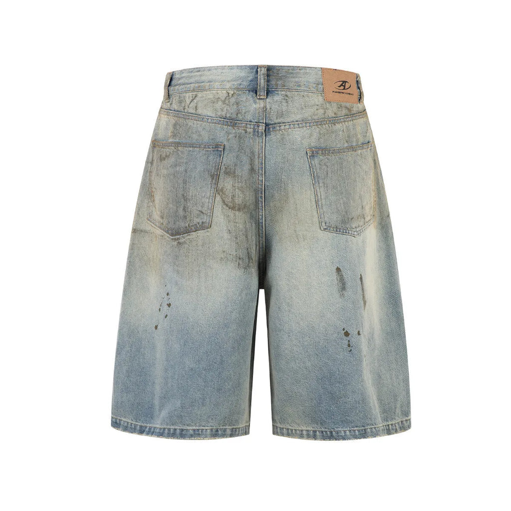Washed blue cropped denim jeans with straight-leg cut and zip fly front